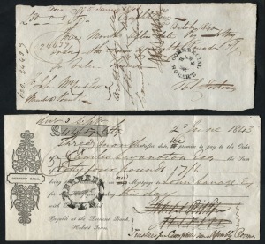 Banknotes - Australia: TASMANIA: A handwritten promissory note, October 1840 for "Eighty Pounds....Three months after date..." stamped "COMMERCIAL BANK - HOBART"; also June 1843 partially printed promissory note for £40/17/6 drawn on the "DERWENT BANK" on behalf of the Trustees for Campbell Town Assembly Rooms. (2 items).