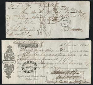 Banknotes - Australia: TASMANIA: A handwritten promissory note, October 1840 for "Eighty Pounds....Three months after date..." stamped "COMMERCIAL BANK - HOBART"; also June 1843 partially printed promissory note for £40/17/6 drawn on the "DERWENT BANK" on