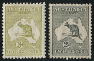 Kangaroos - Third Watermark: 2d Grey (Die 1) and 3d Greenish-Olive (Die 2B), both attractively centred and fresh MUH. (2).