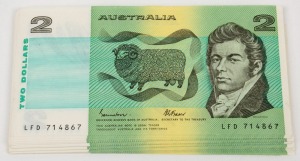 TWO DOLLARS, Johnston/Fraser (1985) (R.89), LFD 714867/916, consecutive bundle of banknotes, (50), Unc.