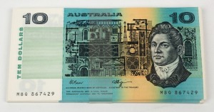 TEN DOLLARS, Fraser/Higgins (1989) (R.312) MBQ 867429/500 a consecutive run of 74 notes, Uncirculated. (72). Cat.$4,680.