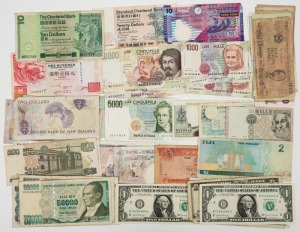 A random accumulation of post-travel leftovers which includes NEW ZEALAND to $100, ITALY to 100,000 Lira, HONG KONG to $100, USA, GB, Mexico, Fiji, Vietnam, Turkey, etc. (55 items).