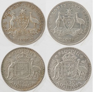 1935, 1936 George V, 1938 and 1939 George VI Florins, (4) VF-EF.