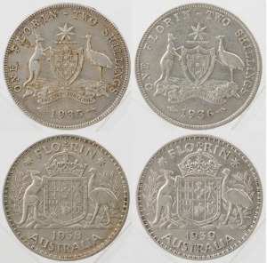 1935, 1936 George V, 1938 and 1939 George VI Florins, (4) VF-EF.