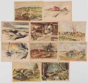 Postcards: GERMANY - WAR ARTISTS: A group of postcards issued during the Second World War by the Erich Gutjahr publishing company, featuring watercolour paintings by war artists, with depictions of tanks advancing on muddy roads, conquered Eastern European villages and their inhabitants, etc., each accompanied by a terse and occasionally cynical title in German, (Total: 10; all unused).
