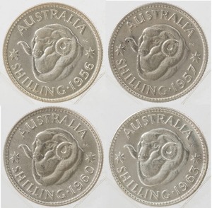 PROOFS: Elizabeth II, 1/- Proofs for 1956, 1957, 1960 and 1963, brilliant FDC, (4).