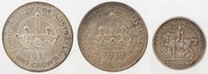 1934-35 Melbourne Centenary florin, plus 1937 and 1938 Crowns. (3) VF/EF.
