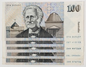 ONE HUNDRED DOLLARS, Johnston/Fraser (1985) (R.609), two banknotes, plus 1990, Higgins/Fraser (R.612), three banknotes. (Total: 5), EF.