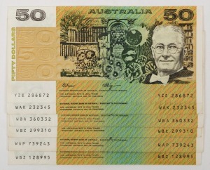 FIFTY DOLLARS, Fraser/Higgins (1990) (R.512)  six banknotes, all with different Plate Letters, (6), EF.