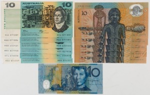 TEN DOLLARS, Fraser/Higgins (1989) (R.312) (1); Fraser/Cole with Plate Number (1991) (R.313a) (3); Fraser/Cole without Plate No. (1991) (R.313b) (2); plus six various polymer $10 banknotes, (Total: 12), VF-EF.