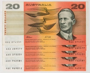 TWENTY DOLLARS, Fraser/Cole (1991) (R.413) (1); and Fraser/Evans (1993) (R.415) (4). (Total: 5 notes), EF.
