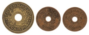 Coins - Australia: INTERNMENT CAMPS CURRENCY: 1d brass (1) and 3d bronze (2), VF-EF condition. (3 coins).