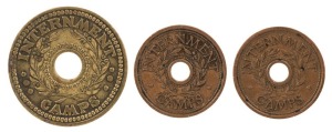 Coins - Australia: INTERNMENT CAMPS CURRENCY: 1d brass (1) and 3d  bronze (2), VF-EF condition. (3 coins).