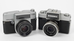 NIPPON KOGAKU: Two Nikkorex SLR cameras - one 1962 Nikkorex 35-2 with Nikkor-Q 50mm f2.5 lens [#394105], and one 1963 Nikkorex Auto 35 with Nikkor-H 48mm f2 lens [#678487] in maker's box with instruction booklet. (2 cameras)