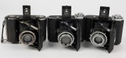 ZEISS IKON: Three vertical folding cameras - one circa 1949 Ikonta 521A [#P 65098 *] with Novar 75mm f4.5 lens, one circa 1929 Ikonta 521A [#F 49599] with Novar 75mm f3.5 lens, and one circa 1936 Ikonta 520 with Tessar 70mm f3.5 lens [#1737109]. (3 camera - 2