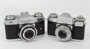 ZEISS IKON: Two SLR cameras - one circa 1959 Contaflex Prima 10.1291 [#S 63541] with Pantar 45mm f2.8 lens, and one circa 1954 Contaflex II 862/24 [#G 71483] with Tessar 45mm f2.8 lens [#1468233]. (2 cameras)