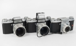 KAMERA-WERKSTÄTTEN: Three 1950s SLR cameras - one Praktica FX with Cassar S 50mm f2.8 lens [#1140693], one Praktica FX2 with Tessar 50mm f2.8 lens [#5084679], and one Praktica F.X3 with Tessar 50mm f2.8 lens [#5369075] and shutter release cable.