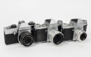 KAMERA-WERKST&Auml;TTEN: Three SLR cameras - two circa 1960 Praktica&nbsp;IV models with Tessar&nbsp;50mm f2.8 [#6314926] and Meritar&nbsp;50mm f2.9 [#1324764] lenses respectively,&nbsp;and&nbsp;one circa 1972&nbsp;Praktica LB with Domiplan&nbsp;50mm f2.8 lens [#6157381]. (3 cameras)
