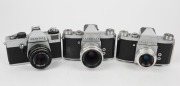 KAMERA-WERKST&Auml;TTEN: Three SLR cameras - two circa 1960 Praktica&nbsp;IV models with Tessar&nbsp;50mm f2.8 [#6314926] and Meritar&nbsp;50mm f2.9 [#1324764] lenses respectively,&nbsp;and&nbsp;one circa 1972&nbsp;Praktica LB with Domiplan&nbsp;50mm f2.8 lens [#6157381]. (3 cameras) - 2