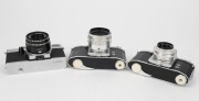 KAMERA-WERKST&Auml;TTEN: Three SLR cameras - two circa 1960 Praktica&nbsp;IV models with Tessar&nbsp;50mm f2.8 [#6314926] and Meritar&nbsp;50mm f2.9 [#1324764] lenses respectively,&nbsp;and&nbsp;one circa 1972&nbsp;Praktica LB with Domiplan&nbsp;50mm f2.8 lens [#6157381]. (3 cameras) - 4