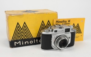 MINOLTA: Minolta A rangefinder camera [#351654], circa 1955, with Chiyoko Rokkor 45mm f3.5 lens [#1602265] and Citizen MV shutter, together with instruction booklet and maker's box.