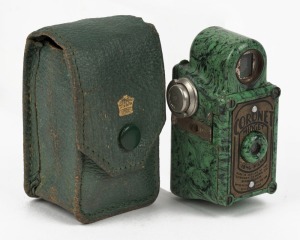 CORONET: Green-body Midget subminiature Bakelite box camera, circa 1935, with Taylor Hobson Meniscus lens, together with leather maker's pouch.