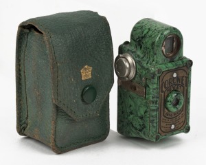 CORONET: Green-body Midget subminiature Bakelite box camera, circa 1935, with Taylor Hobson Meniscus lens, together with leather maker's pouch.