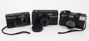 MAMIYA: Three compact cameras - one 1979 Mamiya 135EF with Royal 46mm Skylight lens filter, one 1982 Mamiya M Auto Focus with lens cap, and one 1983 black-body Mamiya U Auto Focus with wrist strap. (3 cameras)