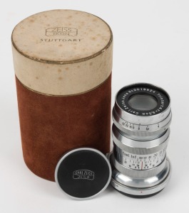 ZEISS IKON: Pre-war chrome Triotar 85mm f4 lens [#2019924] for Contax camera mount, with front and back lens caps, in maker's box.