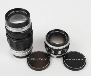 ASAHI KOGAKU: Two lenses with metal front and back lens caps - one Takumar 135mm f3.5 [#287208], and one Auto-Takumar 55mm f1.8 [#191902]. (2 lenses)