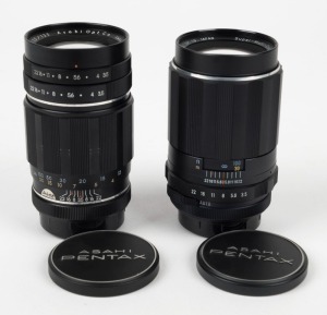 ASAHI KOGAKU: Two lenses with metal front and back lens caps - one Takumar 135mm f3.5 lens [#793408], and one SMC Takumar 135mm f3.5 lens [#7449677]. (2 lenses)