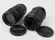 ASAHI KOGAKU: Two lenses with metal front and back lens caps - one Takumar 135mm f3.5 lens [#793408], and one SMC Takumar 135mm f3.5 lens [#7449677]. (2 lenses) - 2