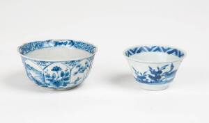 Two Chinese blue and white cups, late Kangxi, circa 1620, one moulded and decorated in panels, the other with birds and flowers, 8.2 and 6.4cm diameter. Provenance: Cau Mau Shipwreck
