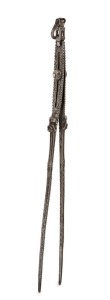 Rare antique Indian silver hookah tongs, West Gujarat origin, border with Sind, 19th century, finely engraved and crafted with two crouching tigers, 34cm long, 131 grams. PROVENANCE: Private Collection, Melbourne. Acquired in October 1988 from Framroz So
