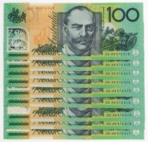 ONE HUNDRED DOLLARS, Macfarlane/Evans (1999) (R.618b) DG99 670513/517 and DG99 670519/522, two consecutive runs of banknotes, (9) Uncirculated.
