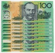 ONE HUNDRED DOLLARS, Macfarlane/Evans (1999) (R.618b)&nbsp; DG99 670513/517 and DG99 670519/522, two consecutive runs of banknotes, (9) Uncirculated.
