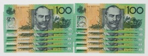 ONE HUNDRED DOLLARS, Macfarlane/Evans (1999) (R.618b)  FH99 927656/665, consecutive run of banknotes, (10) Uncirculated.