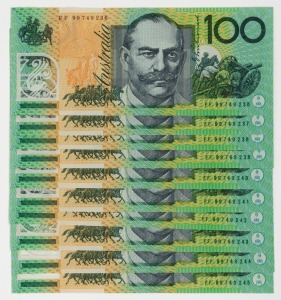 ONE HUNDRED DOLLARS, Macfarlane/Evans (1999) (R.618b) FF99 749236/245, consecutive run of banknotes, (10) Uncirculated.