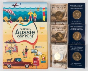 ONE DOLLAR: The Great Aussie Coin Hunt $1 A-Z complete folder; plus 1995 $1 Waltzing Matilda "C" Mint Mark (3) and 1996 $1 Henry Parkes "S" Mint Mark in packs of issue. (7 complete items).