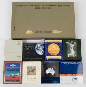 FIVE DOLLAR commemorative proofs in boxes of issue: 1988 Parliament House, 1990 ANZAC pair, 1992 Year of Space, 1994 Women's Vote, 1996 Bradman in Aluminium Bronze, 1998 Flying Doctor, 2000 Phar Lap in Aluminium Bronze, 2001 Finale Hologram, 2004 Sydney to Athens. (10 coins).