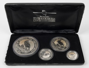 The 1997 Proof Silver Kookaburra Large Coin Series: Issued set of four coins comprising one each of the 1 kilo, 10oz, 2oz and 1oz in pure Silver. Contained in the original lined and padded presentation case.