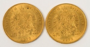 Austria - Coins: 4 Florin 10 Fr. Franz Josef, Gold 1892 restrikes, Unc. (2 examples).