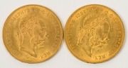 Austria - Coins: 4 Florin 10 Fr. Franz Josef, Gold 1892 restrikes, Unc. (2 examples). - 2