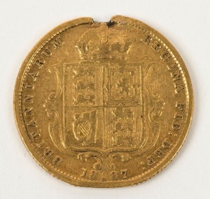 1887 Half Sovereign, Young head, Shield reverse, Sydney, damaged at top.