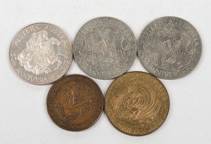 1929 Centenary of Western Australia copper medal (38mm); also 1979 150th Anniversary medals in silver, nickel (2) and bronze. (5 items).