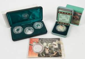 ONE OUNCE SILVER PROOFS: 1998 $1 Kookaburra, 1998 $1 Kangaroo, 2000, 2001 & 2002 $1 Kookaburras; all (5) in cases of issue.