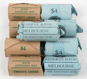 TWENTY CENTS 1981, 4 complete RAM Rolls; plus 1995 United Nations Anniversary, 5 complete Rolls in Reserve Bank paper. (9 rolls, 180 coins).