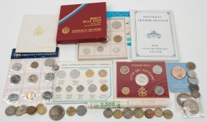 World coins in a small box; noted ITALY 50L and 100L coins in complete rolls of 50; various VATICAN coin and medal sets; SAN MARINO; GREAT BRITAIN incl. £5 (3); etc.