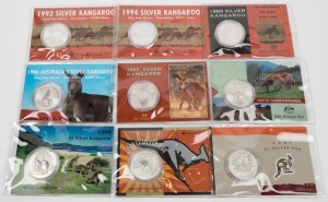 1993 - 2001 RAM Kangaroo Silver Dollars, complete range Unc on cards of issue. (9).