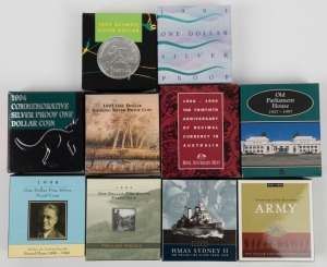 1992 - 2001 One Dollar Non-Circulation Legal Tender coin proofs in boxed cases of issue, except the 1997 coin which is the $1 (1 ounce) Old Parliament House Proof, (10).